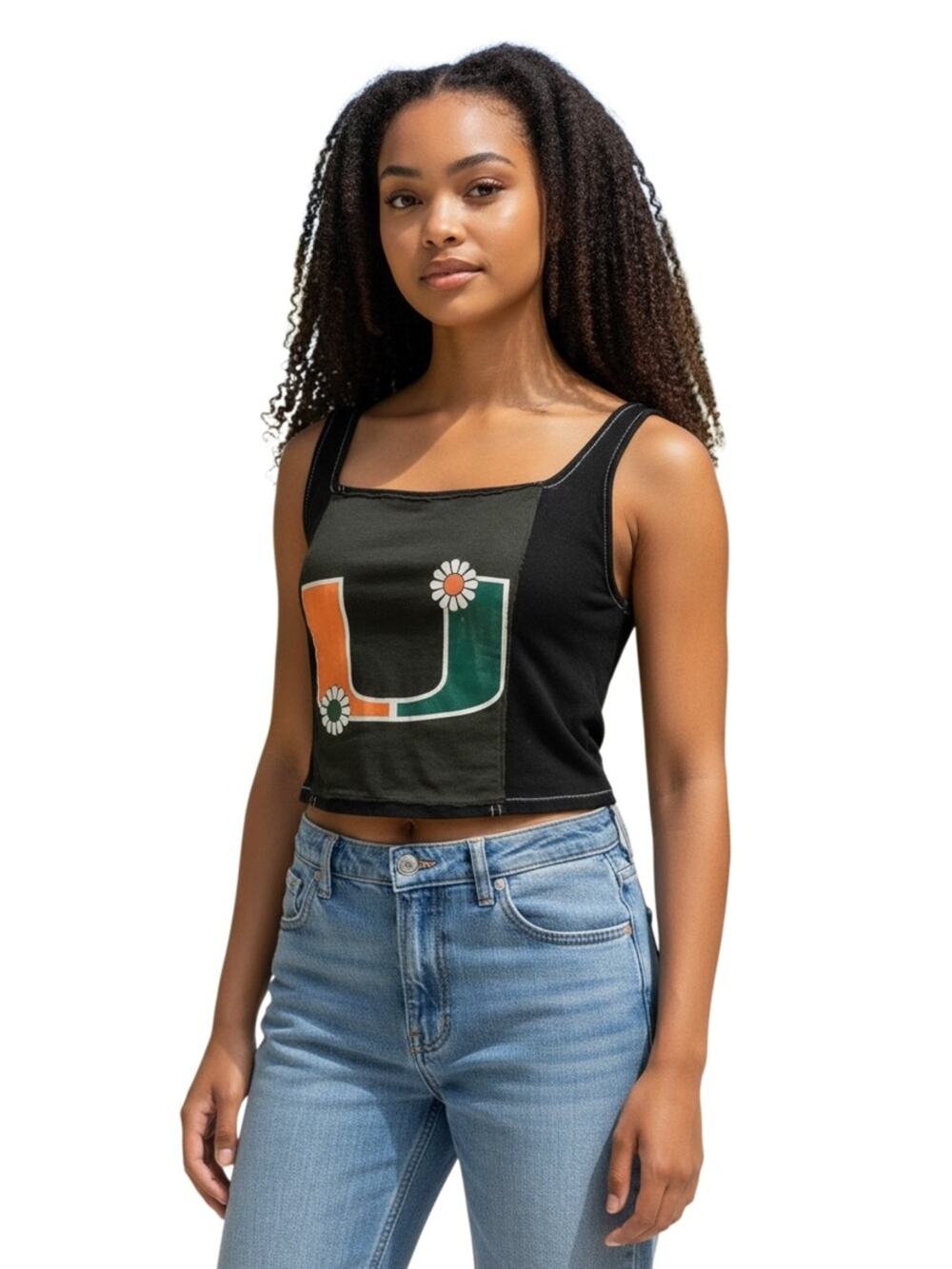 Hippie Princess University of Miami Black Denim Crop Tank Top Size XS Zip Back